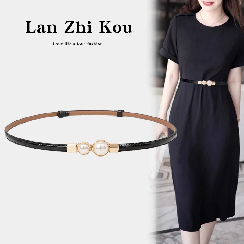 女款镶嵌珍珠牛皮腰带时尚百搭连衣裙简约装饰女士皮带收腰休闲