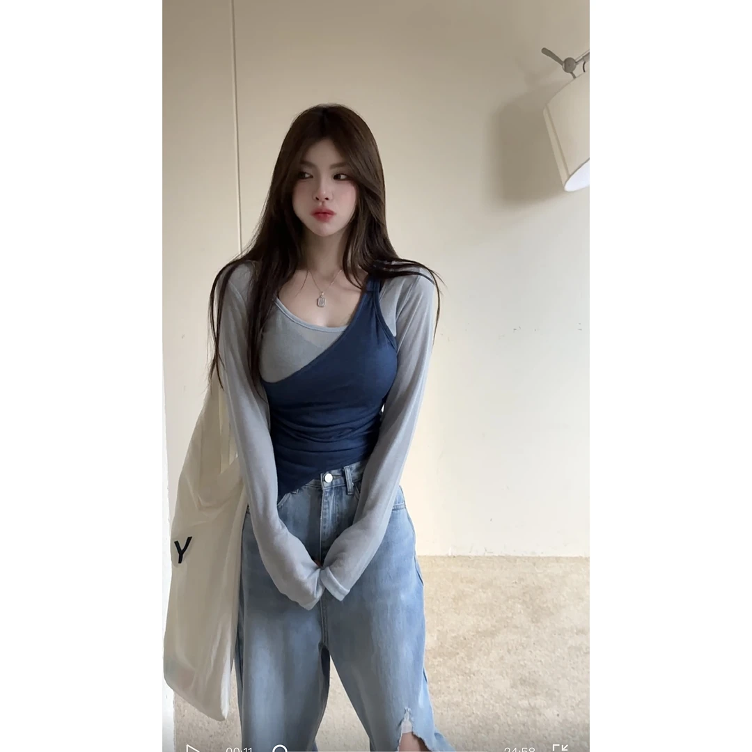 HuiHui【日光岛屿】韩版东大门假两件设计不规则打底衫内搭（A751）