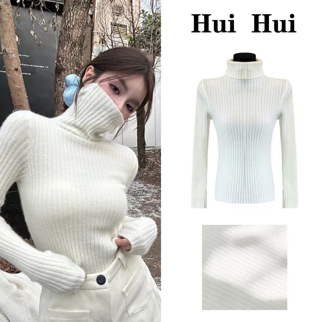 【HuiHui】韩系高领坑条针织打底衫百搭毛衣保暖长袖上衣（A1303)