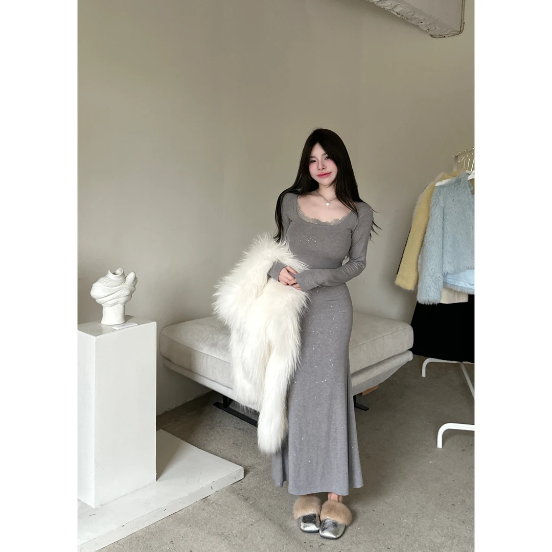 【HuiHui】韩系闪钻蕾丝拼接连衣裙修身包臀鱼尾裙长袖打底裙（A1270