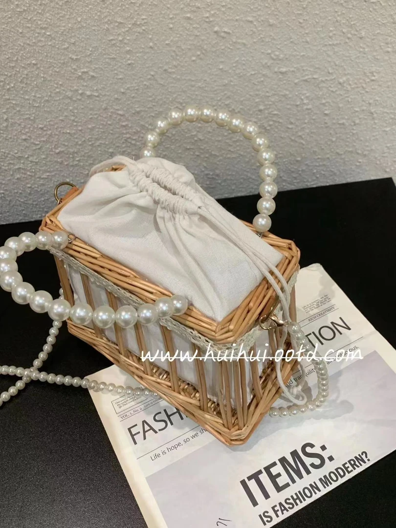 HuiHui【巧妙搭配】小包包泰国草编珍珠斜挎包编织藤编(A141)