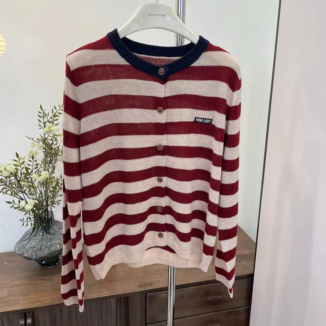 针织衫-X9921撞色条纹圆领长袖开衫