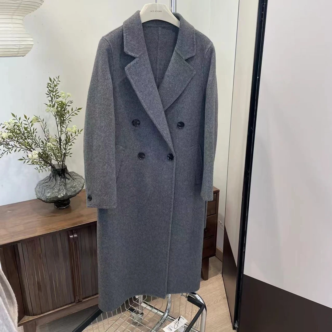 毛呢-5F9970661纯色直筒双排扣长款大衣