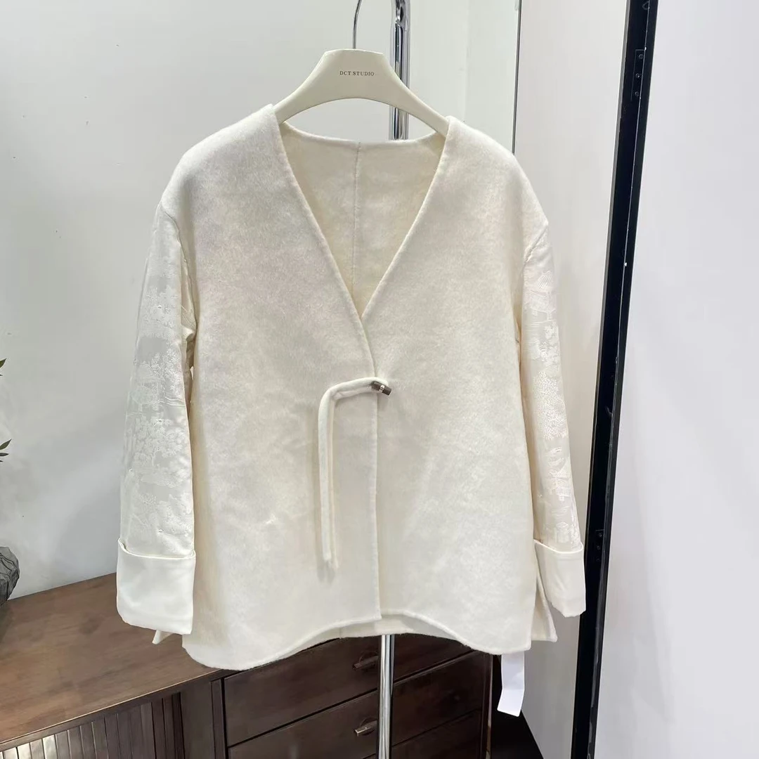 毛呢-012312新中式国风提花拼接V领双面呢外套