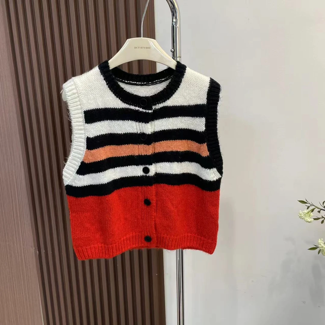 马夹-24221小众设计感撞色条纹无袖马甲