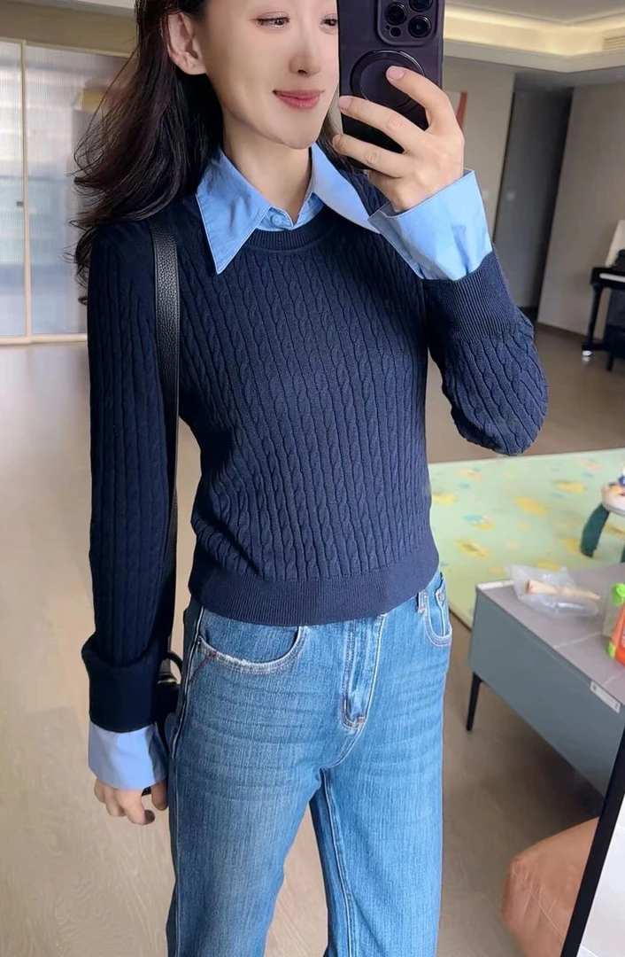 针织衫-5F8233071撞色假两件套头翻领