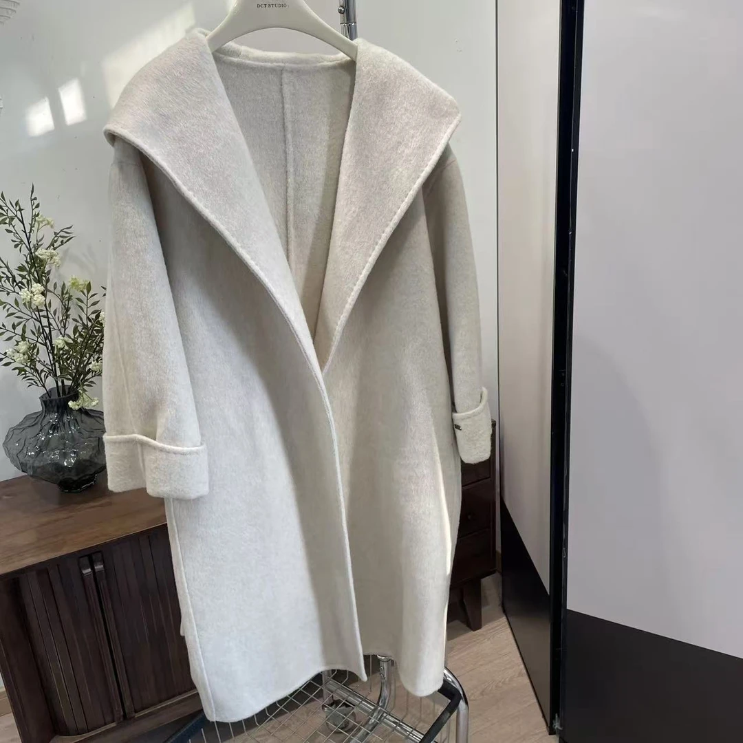 毛呢-5FA170841长款米白翻领斗篷时尚大衣