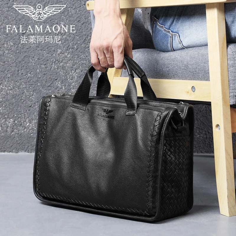 法莱阿玛尼正品羊皮男单肩斜跨包商务手提真皮电脑包质感轻奢肩包