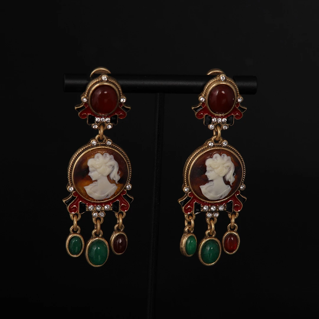 中古vintage高级感铜镀做旧金卡梅奥吊坠耳饰花朵耳环