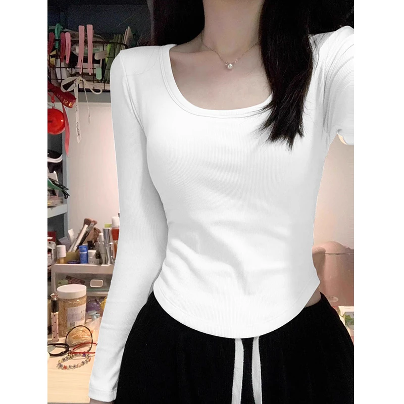 杏色德绒方领长袖T恤女秋冬内搭短款打底衫辣妹修身显瘦短款上衣