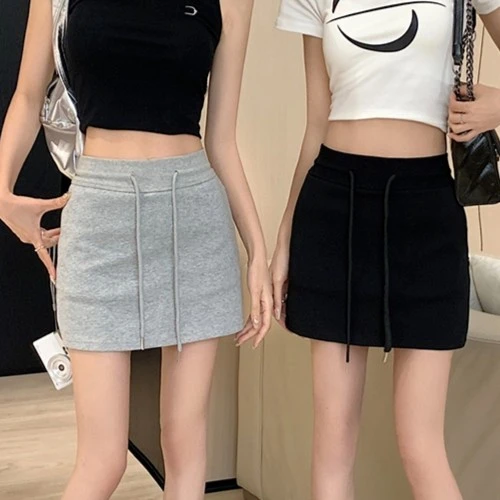 抽绳半身裙女夏季高腰包臀半裙设计感卫衣裙美式辣妹灰色运动短裙