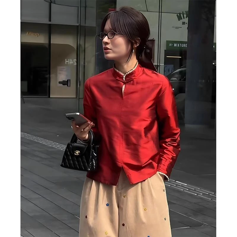 新中式国风女装红色盘扣上衣2024秋季新款高级感复古宽松打底衬衫