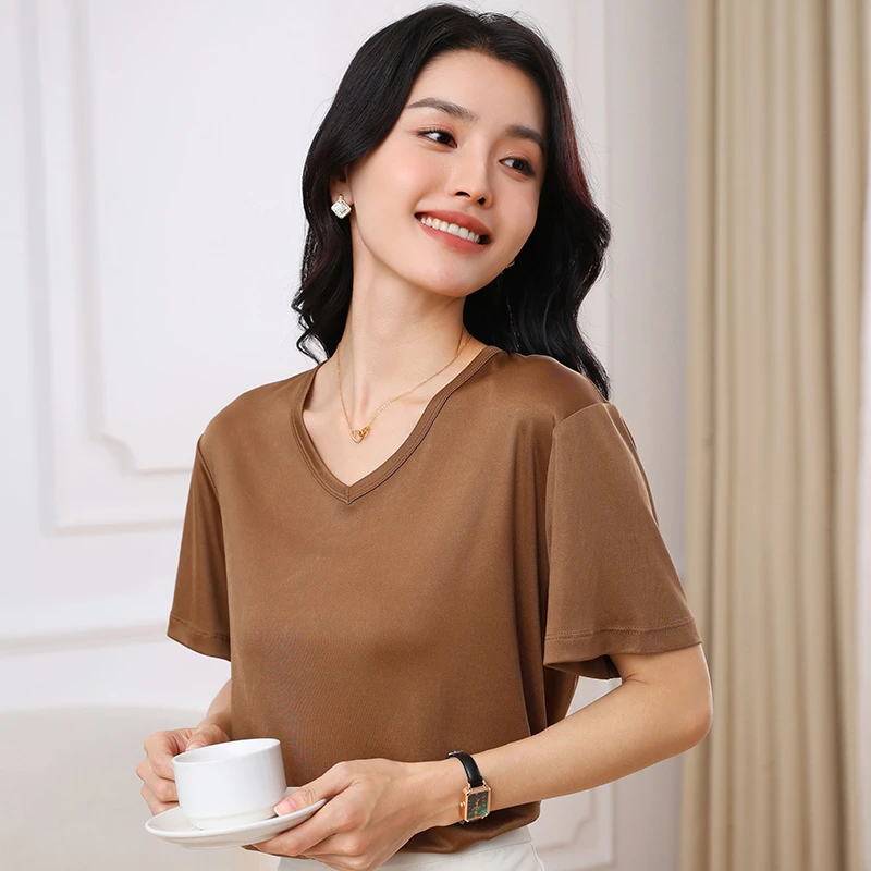 【V领短袖】显瘦休闲T恤女时尚薄款三醋酯高档宽松纯色40-50岁
