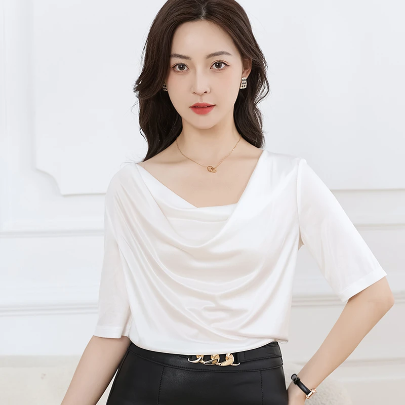 【荡领】显瘦休闲气质T恤女时尚三醋酯薄款醋酸宽松纯色设计感