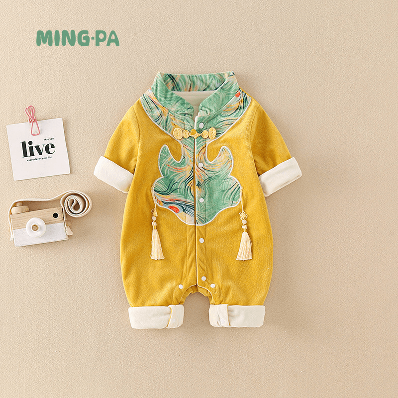 鸣爬中国风新生婴儿衣服汉服周岁民族风男宝宝连体衣双层春秋爬服