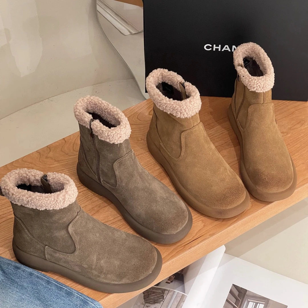 韩版2023冬款真皮羊羔毛加绒软底复古拉链短靴棉鞋女雪地靴
