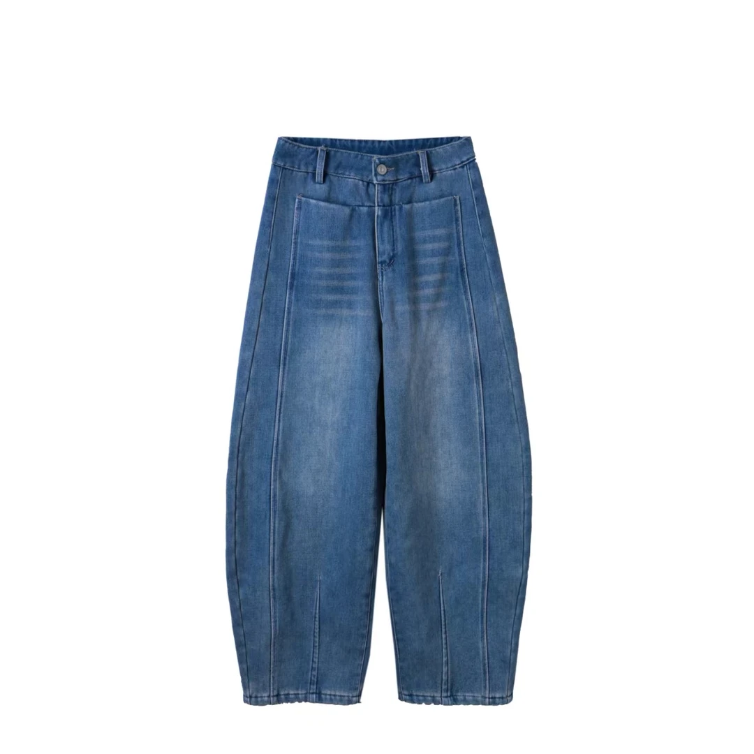 小个子休闲加厚牛仔裤蓝色高腰弯刀牛仔阔腿裤女冬KZ023