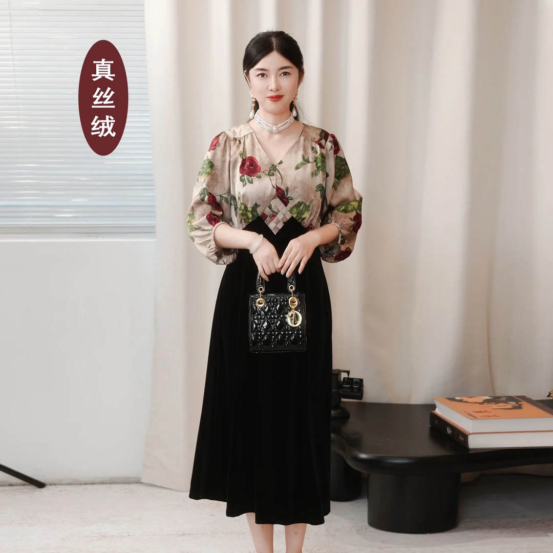 【玫瑰故事】真丝绒连衣裙妈妈装复古气质连衣裙显瘦高腰线长裙