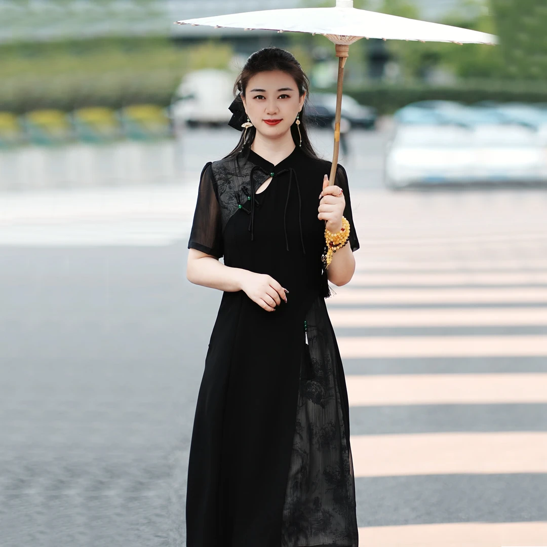 【文泽】旗袍拼接新中式妈妈装夏显瘦气质黑色复古中长款大码连衣裙