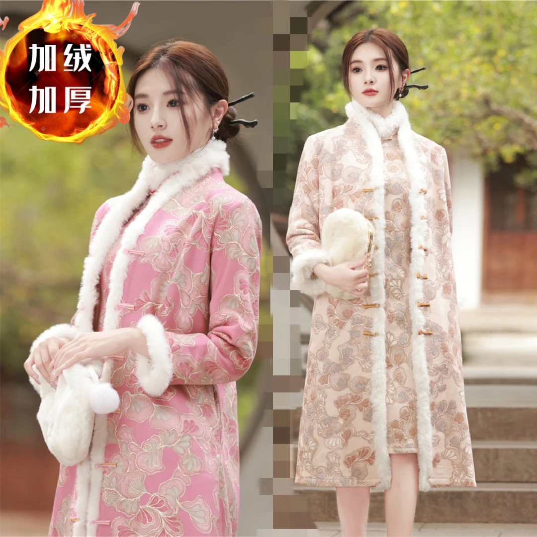冬款旗袍套装加厚复古开襟外套加绒外套改良古典加绒旗袍外套