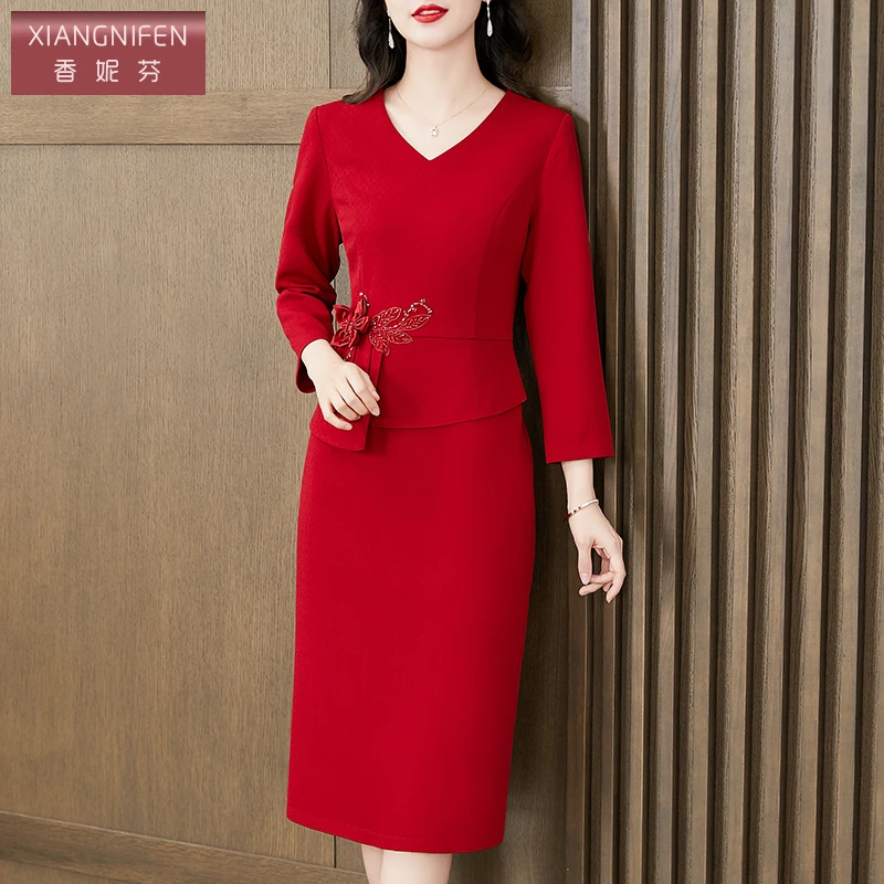 【香妮芬】83019秋季优雅气质红色连衣裙时尚中式宴会妈妈装婚宴