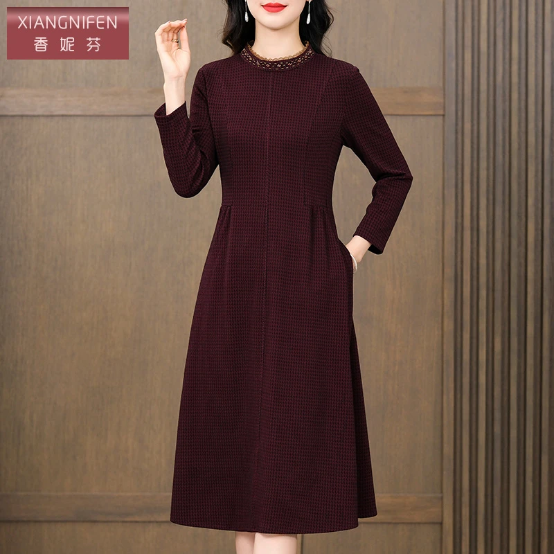 【香妮芬】83016秋冬红色千鸟格高贵时尚显瘦过膝长裙女装连衣裙