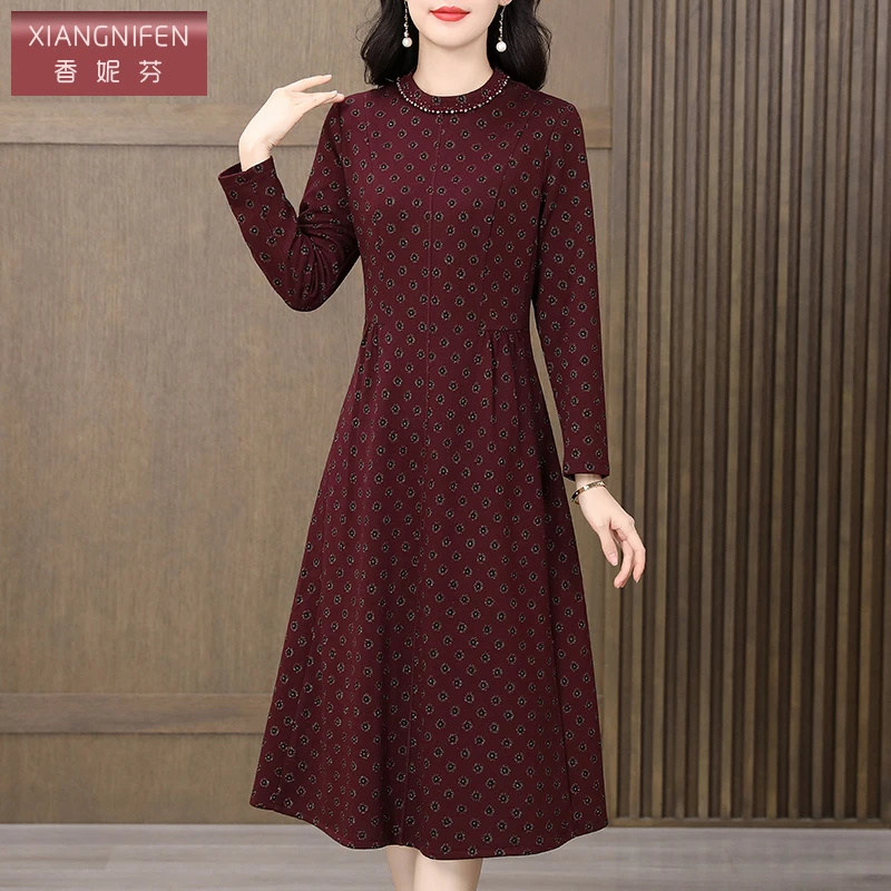 【香妮芬】83212秋季长袖气质气质妈妈装秋冬酒红色连衣裙洋气裙子
