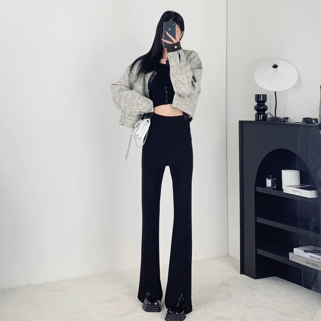 开叉微喇叭裤子女新款高腰显瘦长裤黑色休闲拖地西装裤