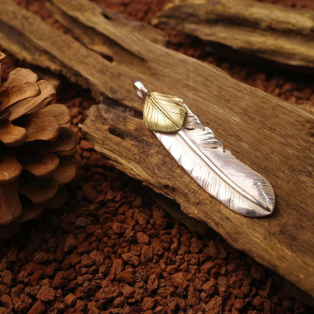 925银银制品 中古上金羽毛 项链吊坠 Goros高桥吾郎