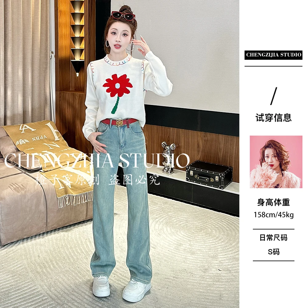 【裴诗婷】橙子studio【晴天】MY0709花朵圆领套头毛衣