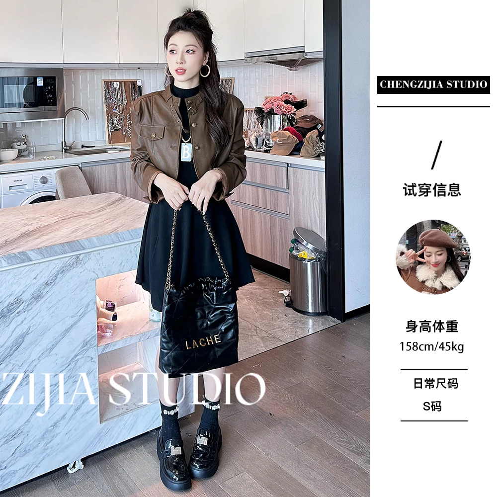 【裴诗婷】WT0348港风短款复古皮夹克