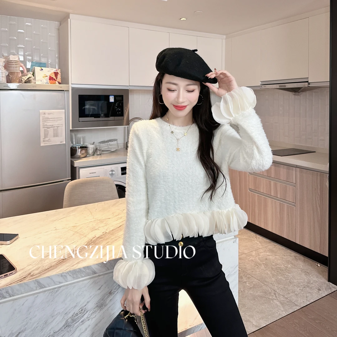 【裴诗婷】MY0257花瓣袖圆领百搭毛衣