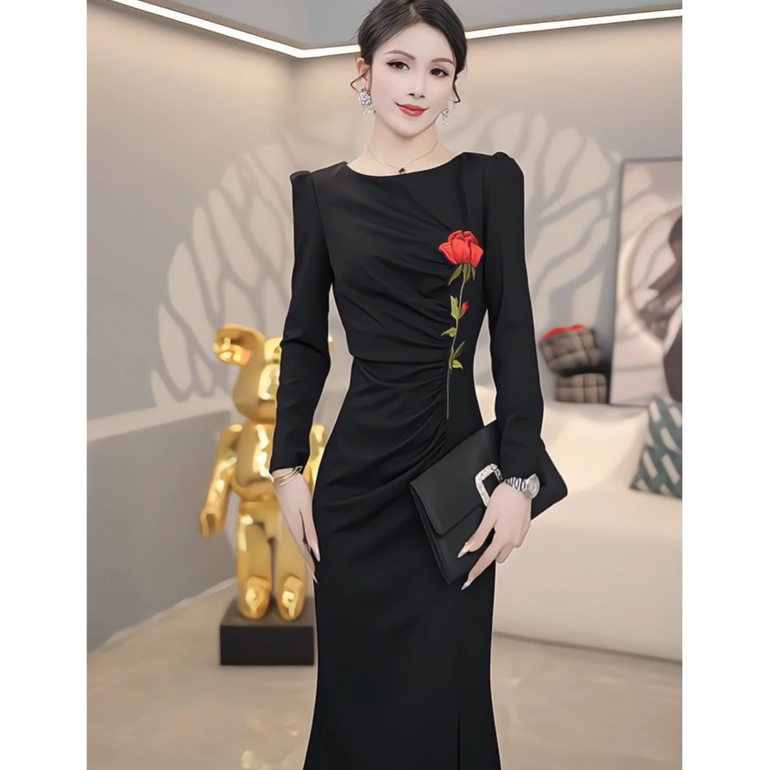 秋季玫瑰女人复古收腰名媛气质显瘦修身法式优雅连衣裙2639