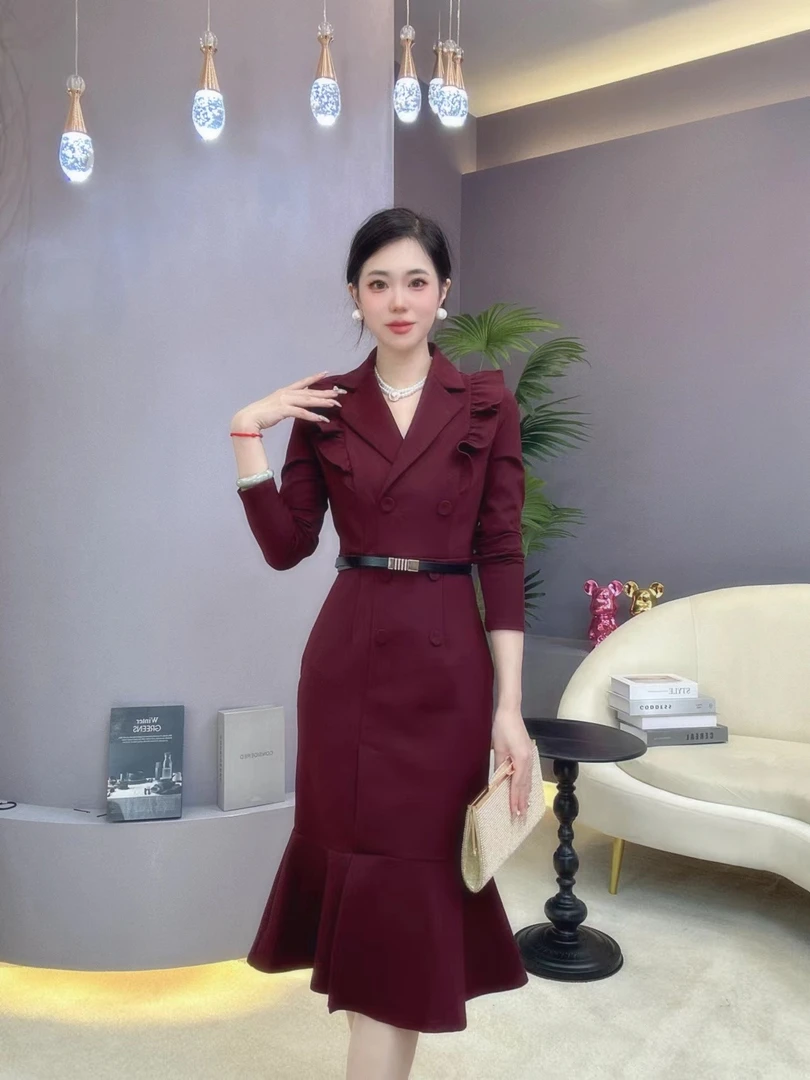 【一】名媛气质晚宴礼服新款法式优雅时尚长袖高端鱼尾连衣裙1079