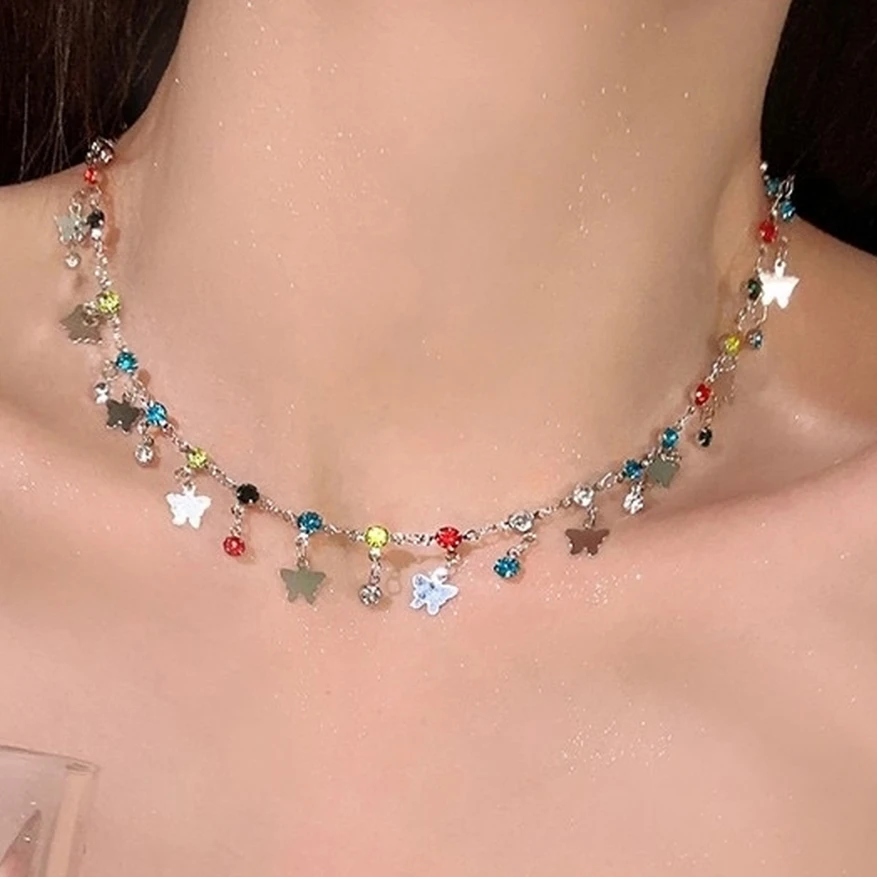 合金仿水晶项链 缤纷夏日彩色蝴蝶坠项链小众气质轻奢时礼盒装304