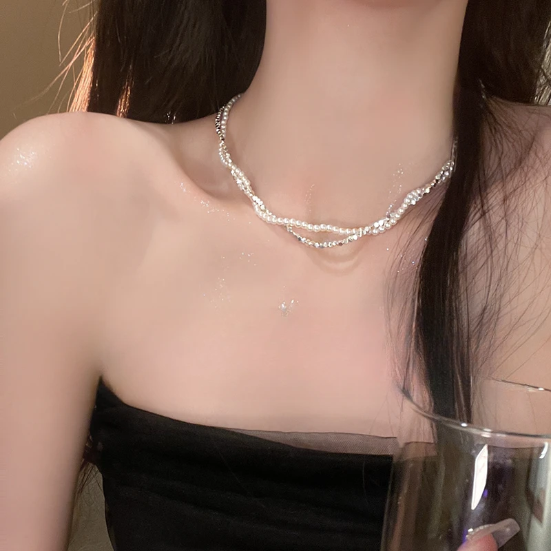 合金仿珍珠项链 法式简约碎银珠珠双层叠戴百搭设计感项链潮小众