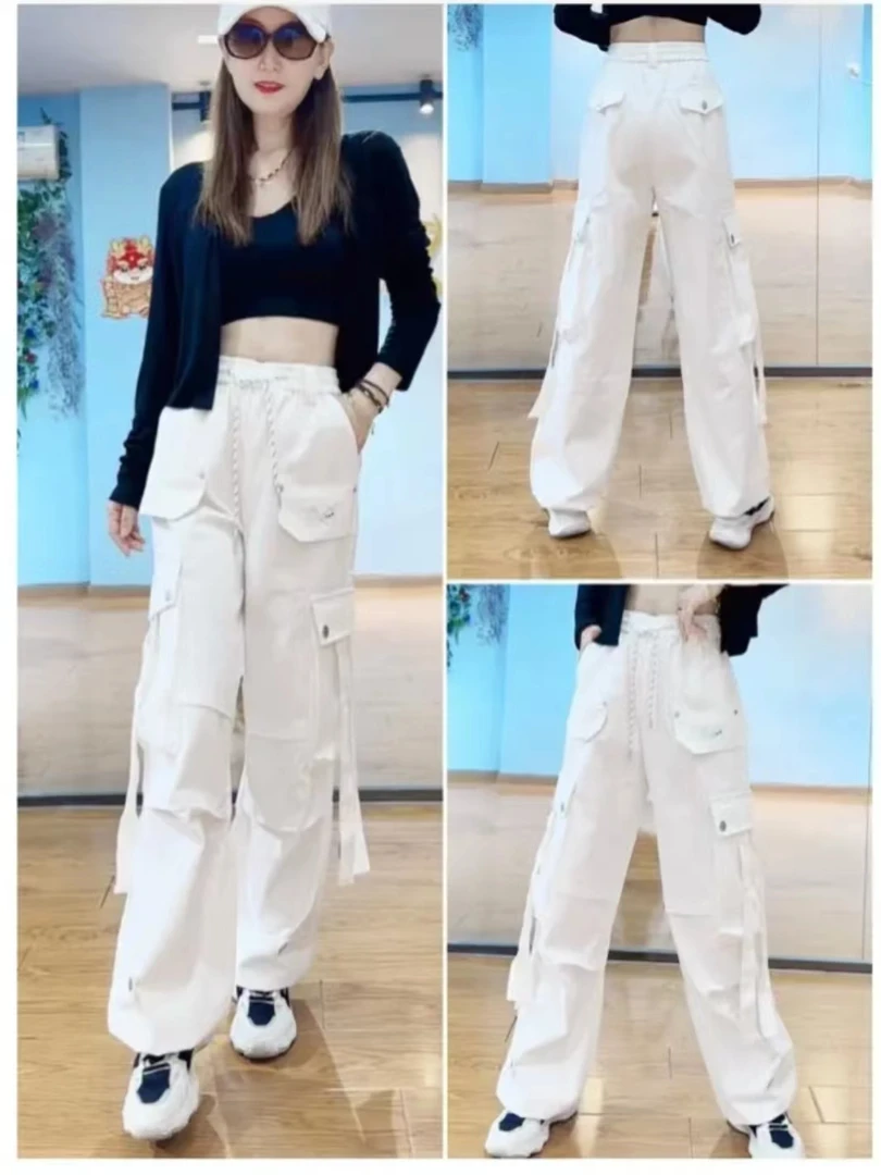 106#秋冬新款水洗棉松紧腰飘带显瘦工装裤（男女同款）