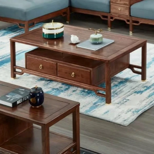 新中式白蜡木全实木茶几家用客厅实木茶几家用茶几带抽屉储物