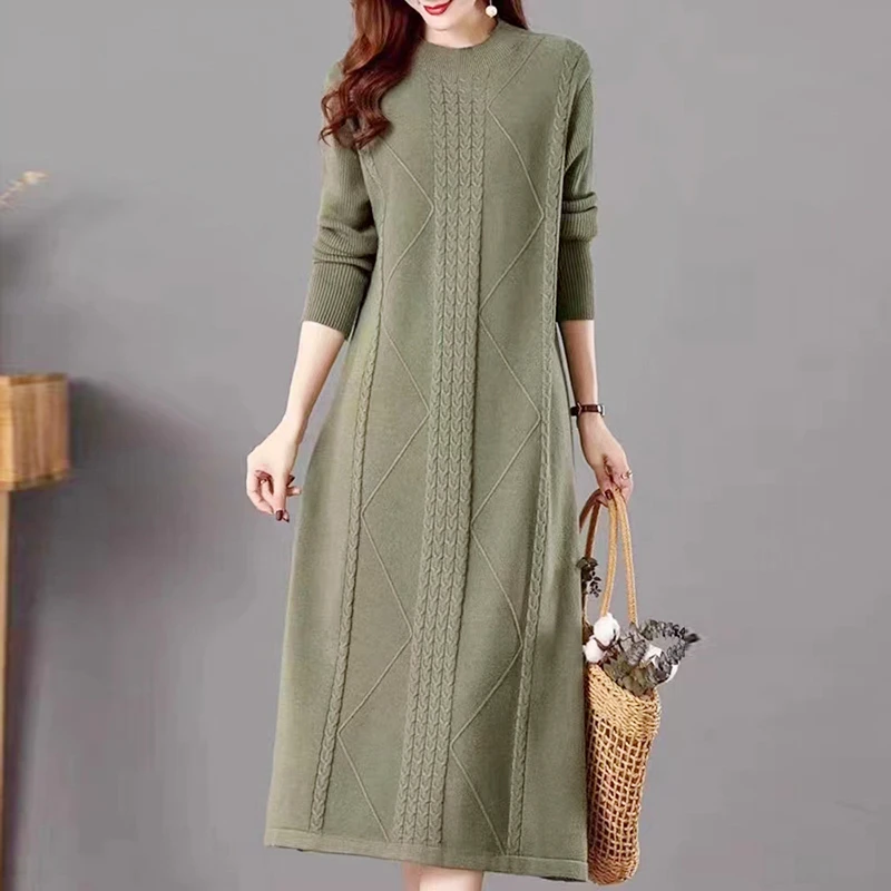 中长款针织连衣裙女宽松大码毛衣过膝遮肚子中年妈妈配大衣打底裙