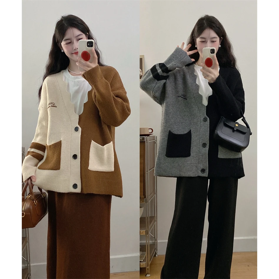 大码秋冬新款胖MM复古宽松慵懒风针织外套设计感拼接撞色毛衣