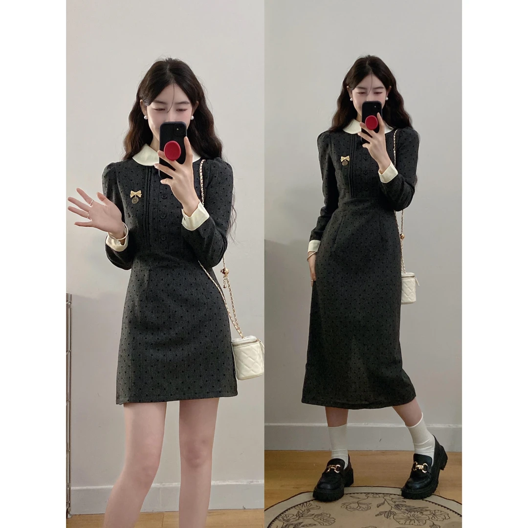 【松露黑巧】大码女装法式气质连衣裙2024秋冬设计款假两件长短裙