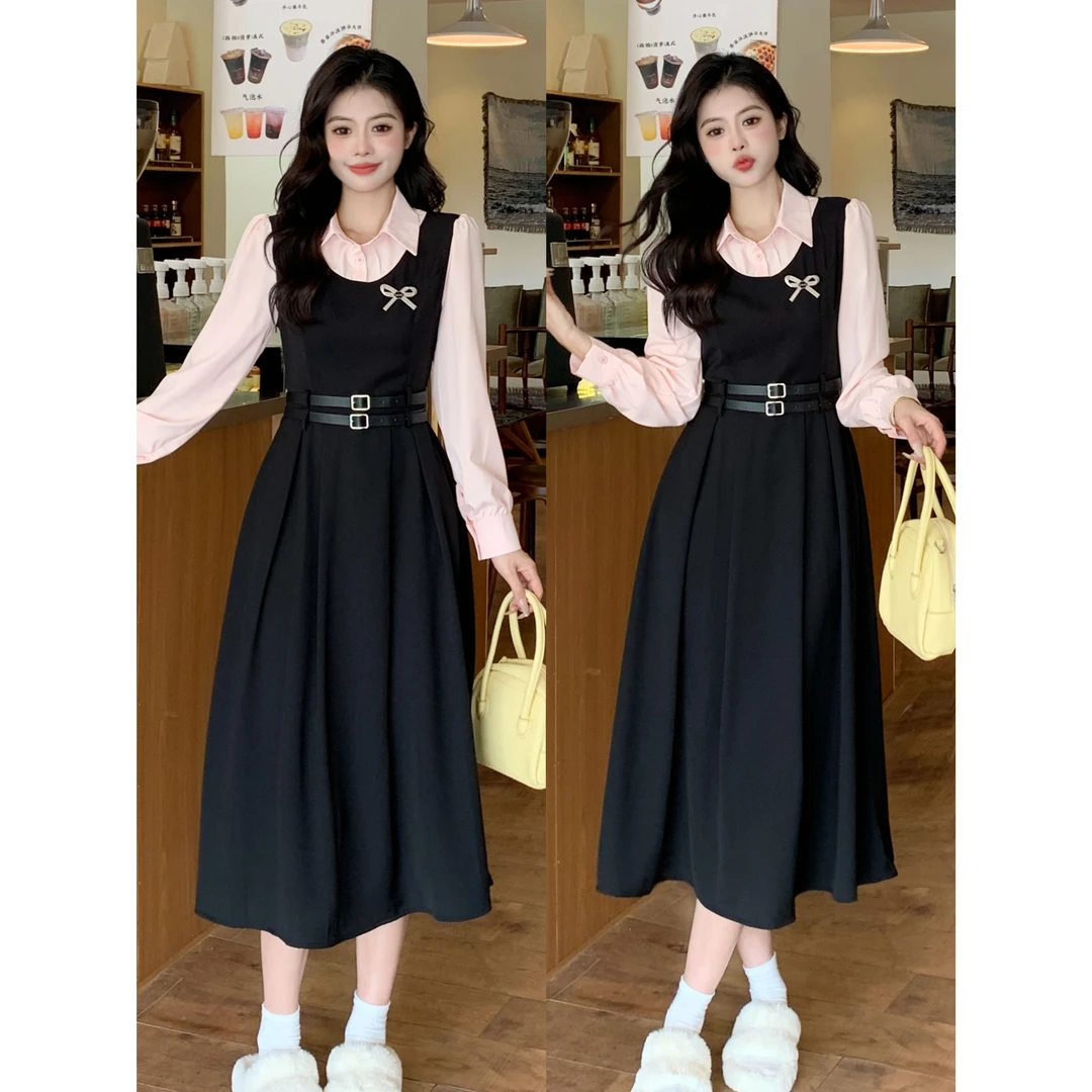 【秋日晚风】大码少女感假两件拼接绑带连衣裙初秋宽松显瘦休闲长裙