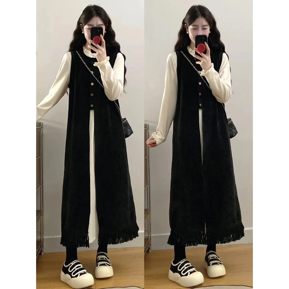 大码女装胖mm秋冬气质高级加厚显瘦长袖+开叉背心裙两件套套装