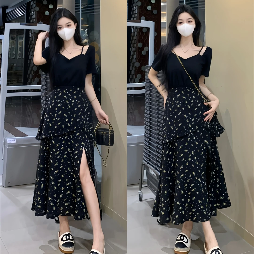 大码女装夏季新款气质收腰黑色碎花裙开叉不规则法式连衣裙