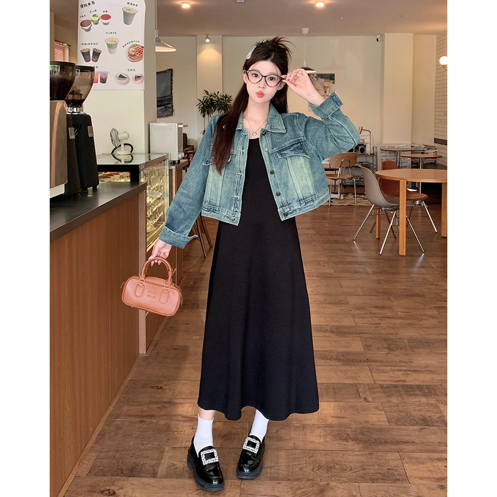 秋装新款胖mm大码复古设计感牛仔外套吊带裙韩版两件套装