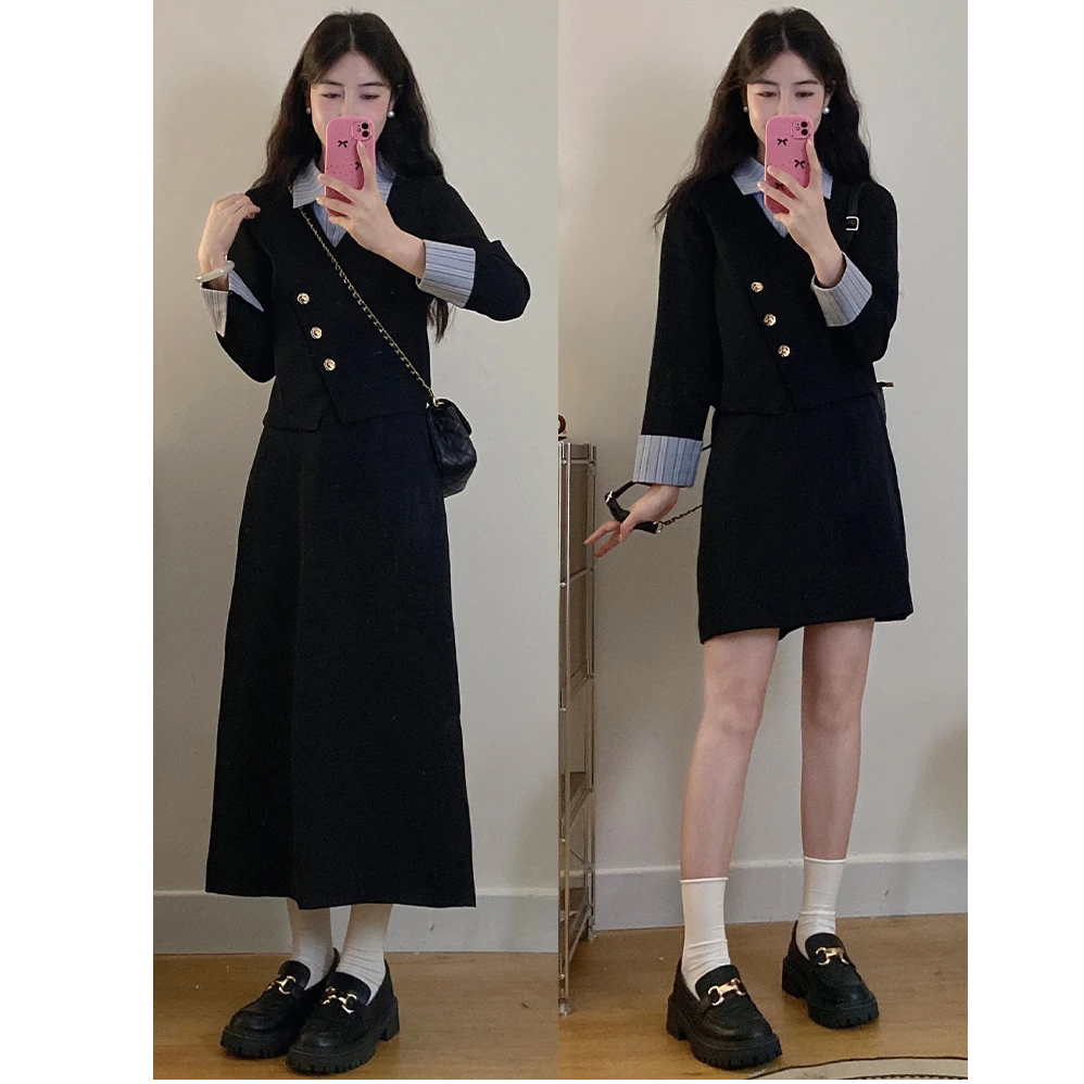 早春新款大码女装气质拼色西装外套+显瘦半身裙两件套套装
