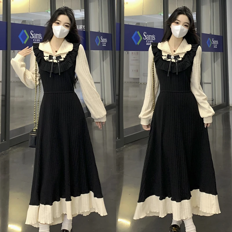 大码女装新款法式拼接假两件气质连衣裙女显瘦内搭长裙子