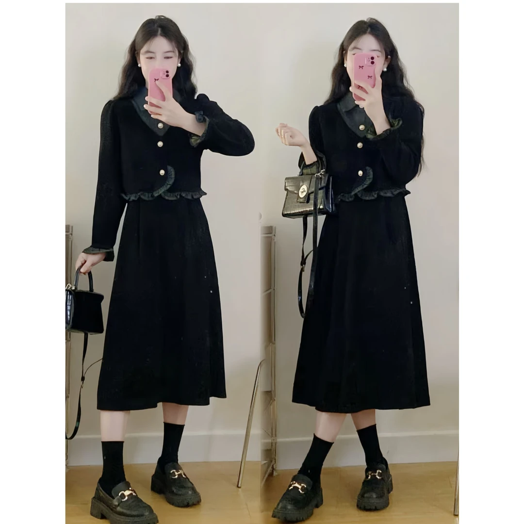 大码女装新款小香风套装气质赫本风外套+显瘦半身裙两件套套装