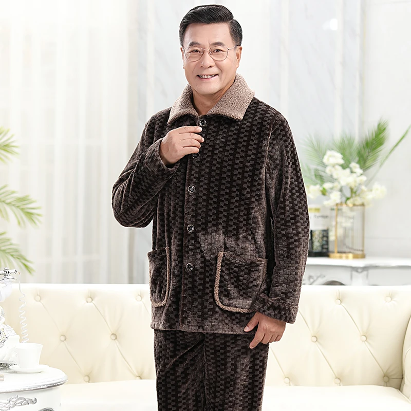 秋冬款中老年珊瑚绒睡衣男加厚法兰绒老人冬季套装中年爸爸家居服