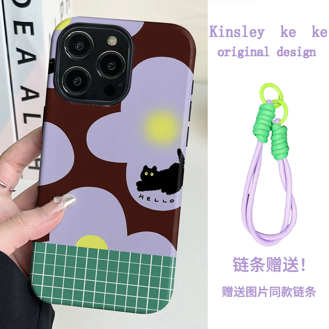 复古花卉小猫二合一磨砂菲林黑色适用苹果华为OPPO荣耀VIVO手机壳